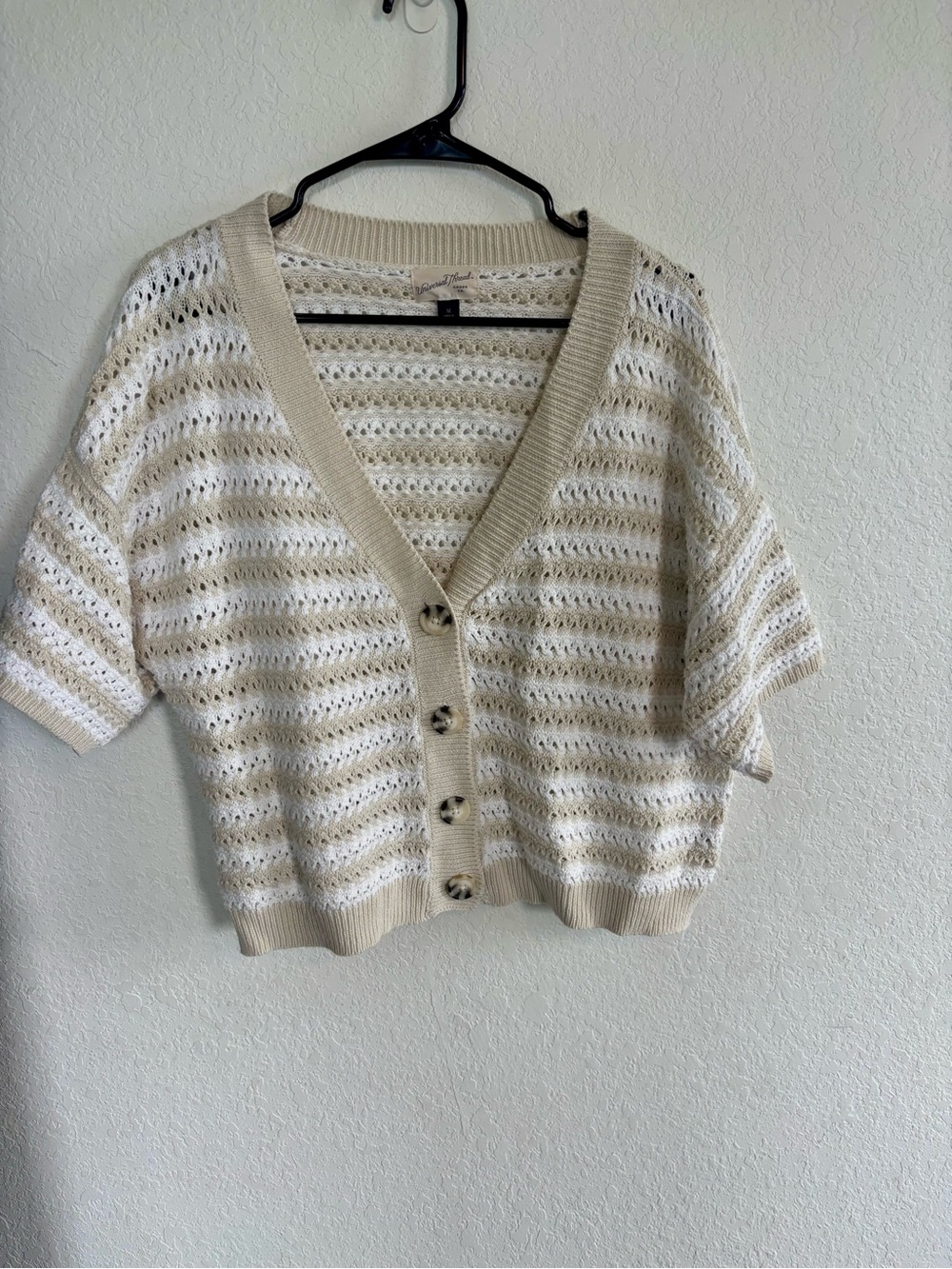 Universal Thread Cream Striped Open-Knit Short Sleeve Cardigan